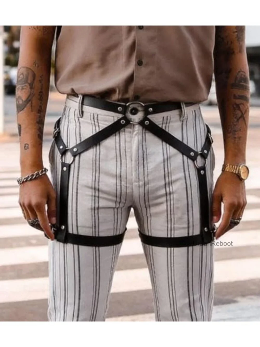 Men's Adjustable PU Leather Leg Harness Punk Goth Thigh Belt Alloy Rings